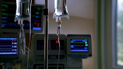 An IV drip stands next to a patient monitor in a dimly lit hospital room, evoking a sense of care and recovery. Concept of healthcare and life support