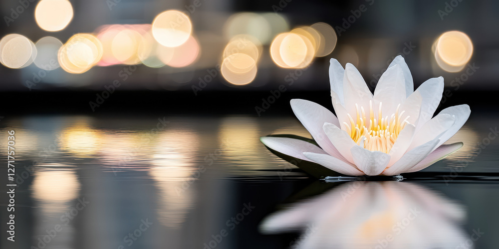 Poster exploring the elegance of a lotus flower: a serene reflection on water, illuminated by bokeh lights 