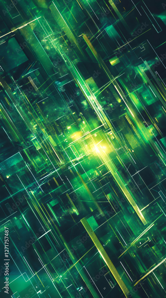 Poster digital cyberspace matrix with vibrant green lines and geometric shapes glowing against dark backgro