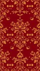 An elegant seamless pattern of ornate damask designs in deep burgundy and gold, rendered in a detailed, intricate style with a luxurious feel.