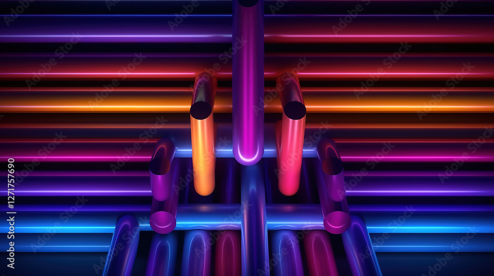 Poster dynamic neon tubes in a pattern on dark background