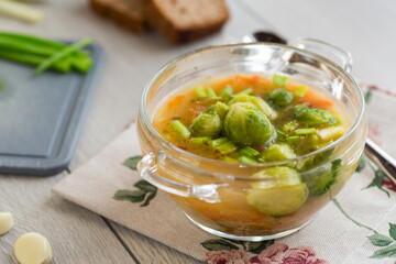 Natural Vegetable Soup with Brussels Sprouts on the Home Table