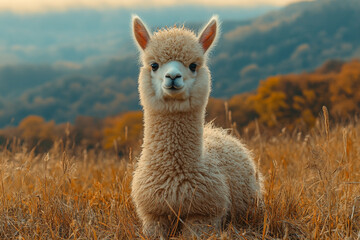 Fototapeta premium Portrait of a Cream-Colored Alpaca in an Autumnal Meadow Setting