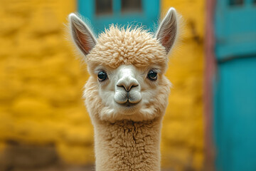 Obraz premium Intriguing Alpaca Portrait, Captivating Gaze Against Vibrant Backdrop