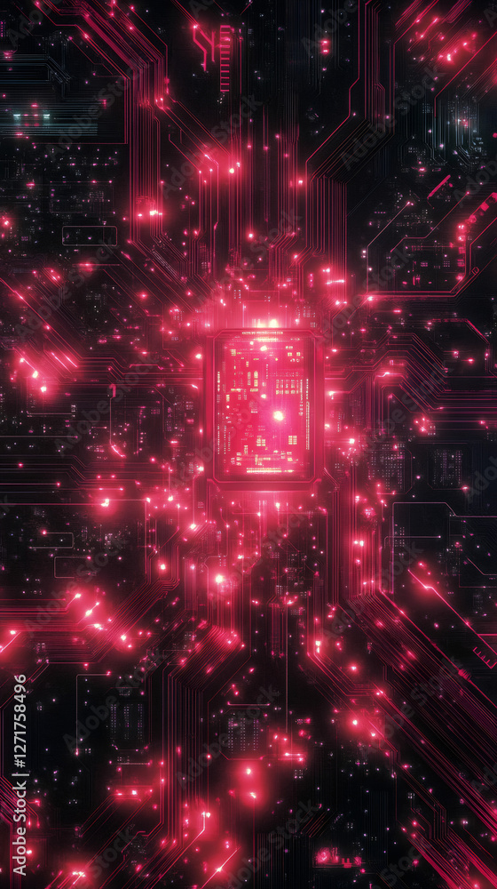 Leinwandbilder Red CPU emitting light, surrounded by circuits and electronic components, symbolizing advanced technology and processing power