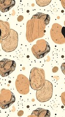 A hand-drawn seamless pattern featuring abstract shapes and textures, using muted earth tones, creating a vintage feel, reminiscent of old maps or fabrics, displayed on a cr.