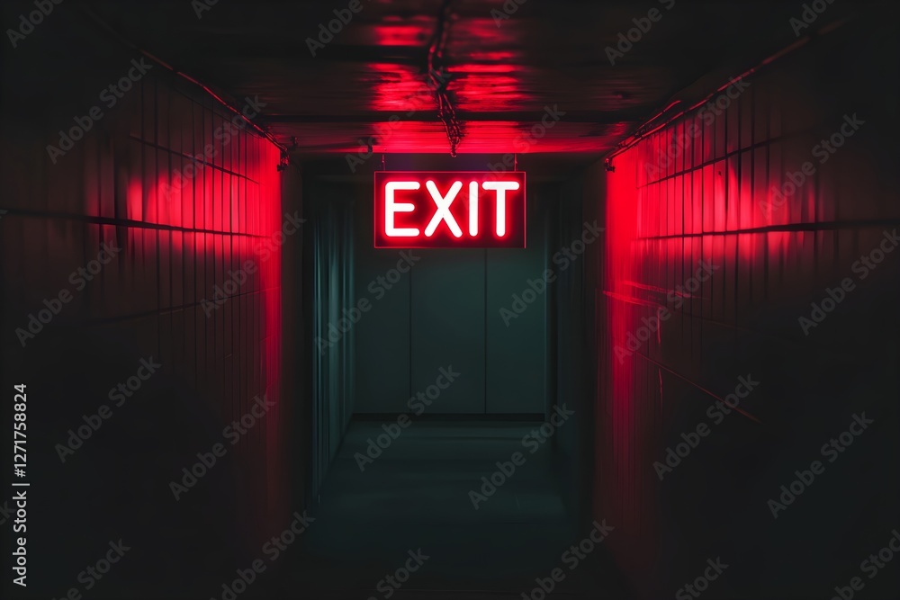 Poster dimly lit corridor with glowing red exit sign. dark atmospheric hallway illuminated by neon light. e