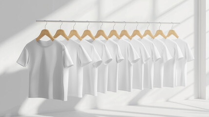 Fototapeta premium A mockup set of blank, white classic men's shirts with rolled-up sleeves displayed on hangers in a bright studio
