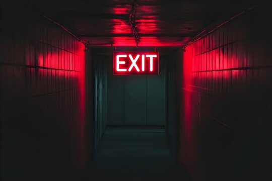 Dimly lit corridor with glowing red exit sign. Dark atmospheric hallway illuminated by neon light. Emergency escape route in building. Eerie urban nighttime scene.