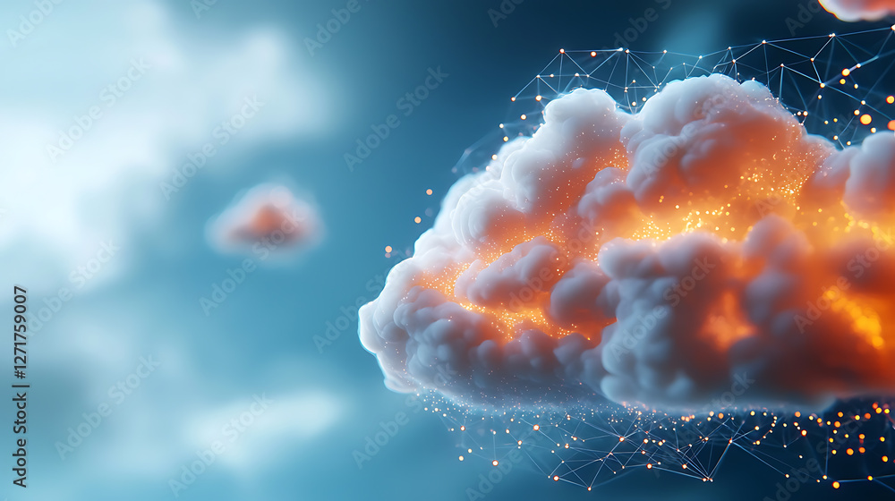 Poster dynamic internet networks connecting glowing digital clouds modern sky digital art futuristic enviro