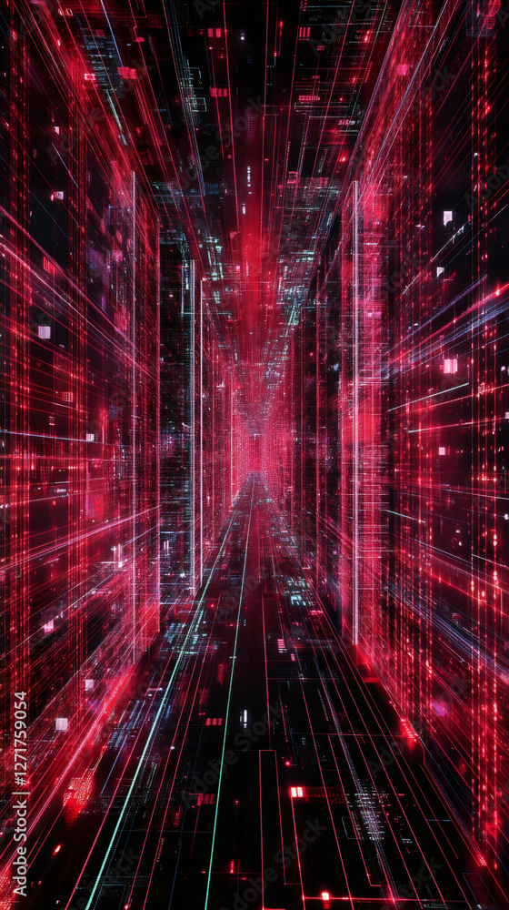 Aufkleber Data moving at high speed through cyberspace creating a futuristic red server room, perfect for technology and communication concepts