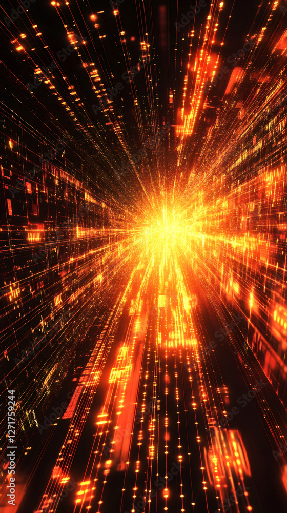 Leinwandbilder digital orange data streaming through virtual network, glowing brightly and surging with dynamic tec