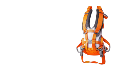 A backpack with orange straps is displayed on a white background