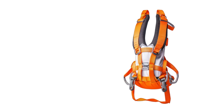 A backpack with orange straps is displayed on a white background