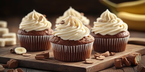 Delicious banana chocolate cupcakes with creamy frosting on a wooden board in a cozy setting