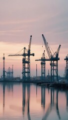 Obraz premium Harbor Cranes at Sunset Reflecting in Calm Water