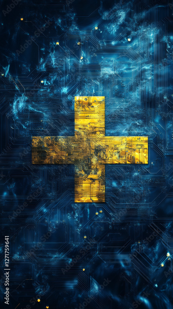 Poster golden plus sign overlaying digital circuit board, symbolizing technological innovation and expandin