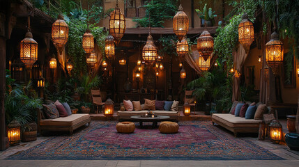 tranquil courtyard setting shines glowing lanterns and vibrant textiles creating serene atmosphere for Ramadan gatherings celebrating faith and family traditions.