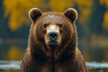 Fototapeta premium Intimate Portrait of a Brown Bear with Autumnal Backdrop Reflection