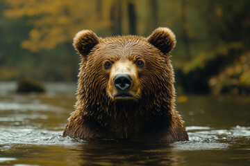 Obraz premium Golden-Brown Bear Posing in Waters, Amidst Nature's Fall Palette