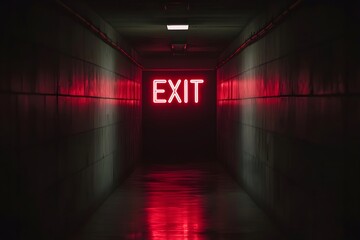 Glowing red exit sign in dark corridor with reflective floor. Emergency escape route in creepy hallway. Eerie atmosphere for horror or thriller concept.