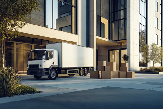 Delivery truck parked outside a modern building, movers unloading furniture and boxes.