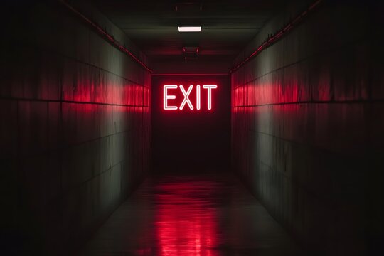 Glowing red exit sign in dark corridor with reflective floor. Emergency escape route in creepy hallway. Eerie atmosphere for horror or thriller concept.