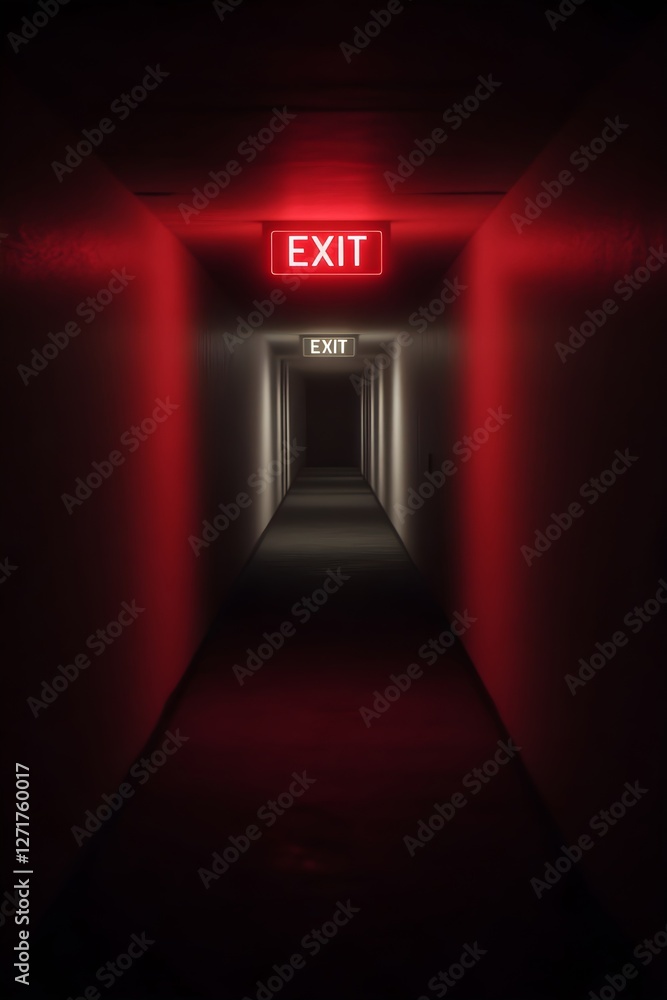 Poster dark corridor with glowing red exit sign. emergency escape route in building. ominous hallway illumi