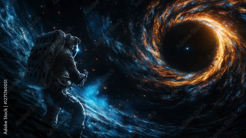 Poster exploration concept astronaut in digital art near cosmic black hole in outer space environment