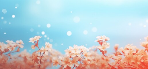 Naklejka premium spring background with daisies and white flowers, a light blue sky with small sparkles of snowflakes in the air, a fresh spring atmosphere, a nature concept, a banner design with copy space 