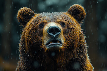 Obraz premium Grizzly's Gaze, An Intense Encounter in the Forest Rain