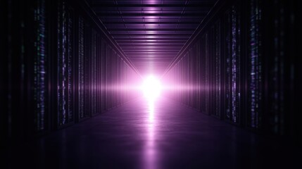 A futuristic corridor illuminated by a bright purple light at the end.