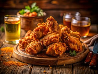 Delicious Crispy Fried Chicken, Golden Brown & Perfectly Seasoned - Low Light Photography
