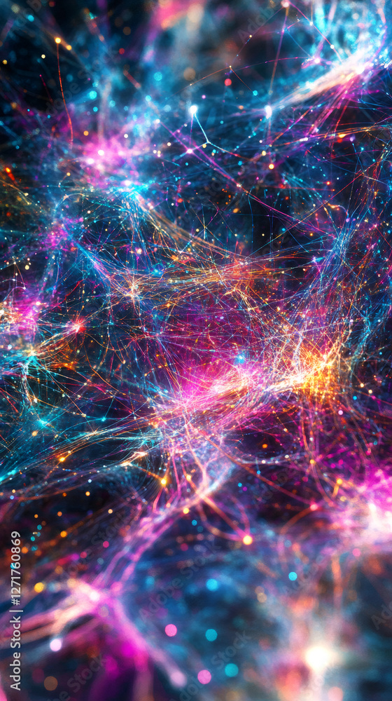 Aufkleber Complex, colorful lines and vibrant dots intertwining to form a futuristic neural network, actively processing vast amounts of data