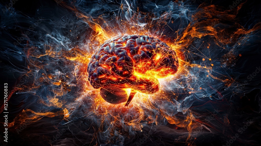 Poster surreal digital art of glowing brain connections in abstract cosmic space