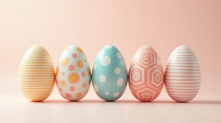 Fototapeta premium Easter eggs with geometric pattern stand in a row on a pastel pink background