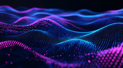 3d render, abstract background with glowing, neon-colored dots on a wavy,