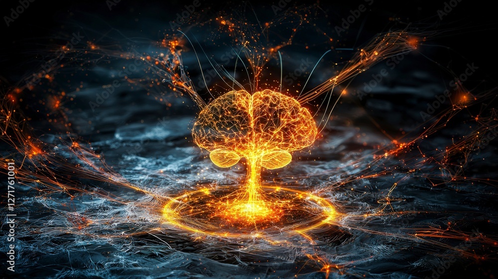 Poster Surreal visualization close-up of a glowing brain in an abstract digital art environment
