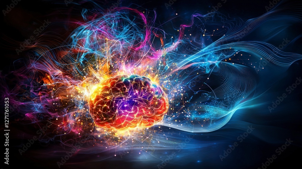 Aufkleber surreal visualization of a glowing human brain digital art abstract environment vibrant colors conce