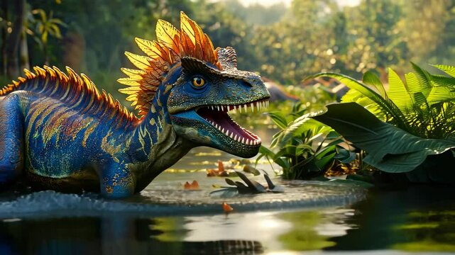 Parasaurolophus moves gracefully through the water, surrounded by rich greenery and distant dinosaur silhouettes