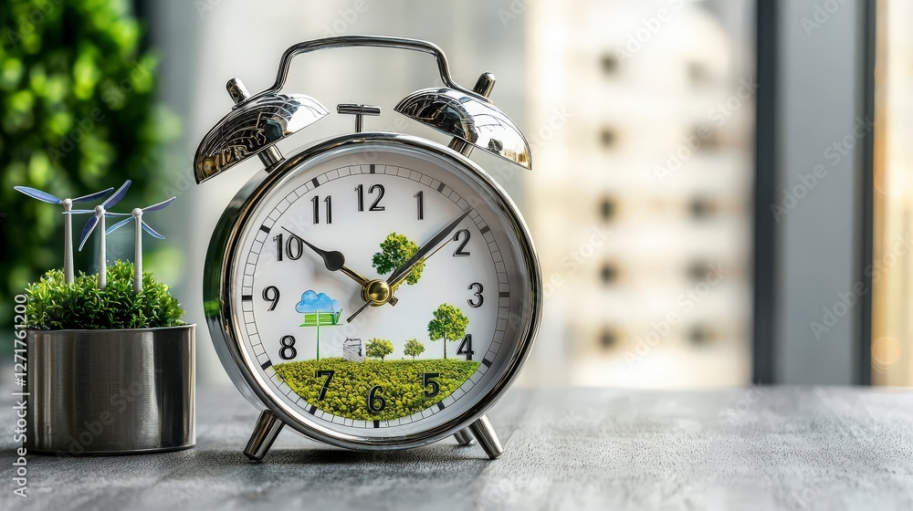 Poster clock symbolizing transition from fossil fuels to sustainability in urban environment