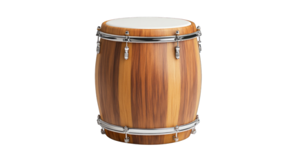 A wooden drum is sitting on a white background