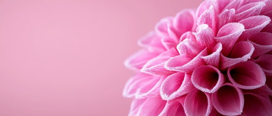 Fototapeta premium Graceful Pink Dahlia Blossom Displaying Delicate Floral Artistry and Dewdrop Adornments on a Soft Rose Backdrop