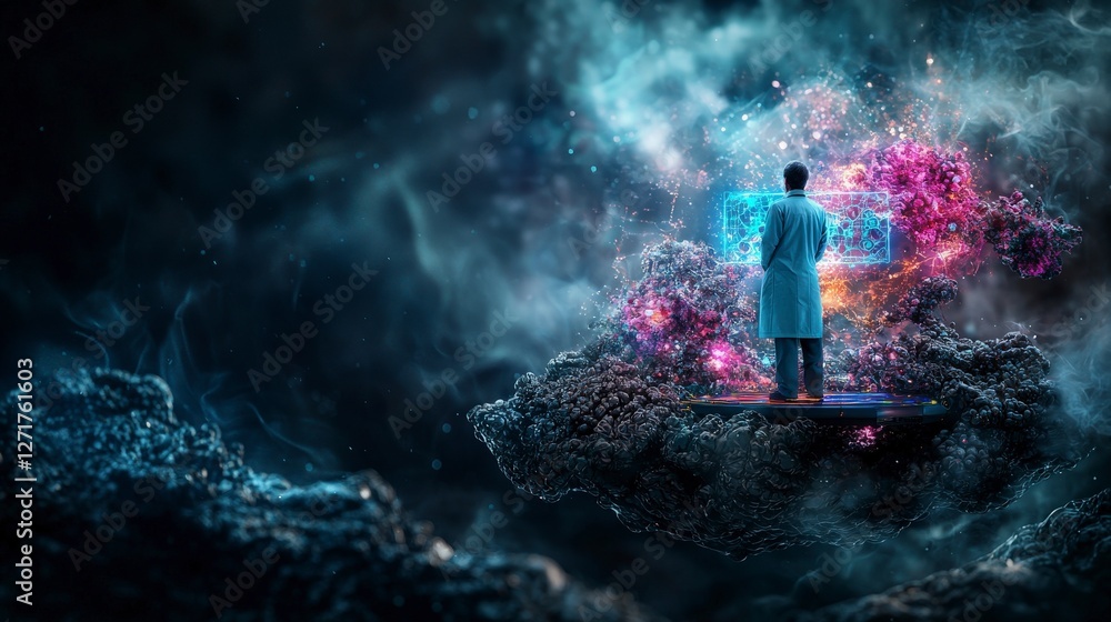 Aufkleber Scientist navigating cosmic wonders digital space artistic vision surreal environment rear view innovation