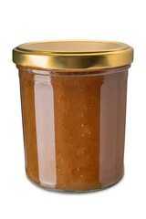 Fig jam in glass jar with gold-colored cap isolated on white with clipping path included