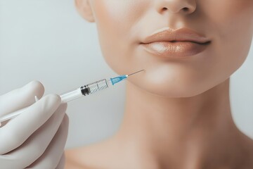 Woman receiving facial injection for cosmetic treatment. Close-up of dermal filler procedure on female patient's chin. Aesthetic medicine and beauty enhancement concept.