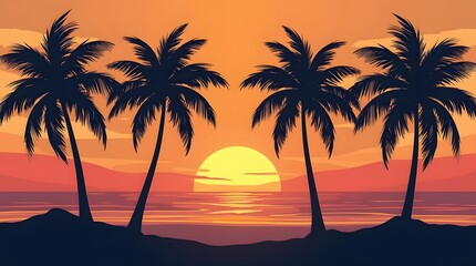 Silhouetted palm trees standing tall on a serene tropical beach at sunset with modern vintage color palette