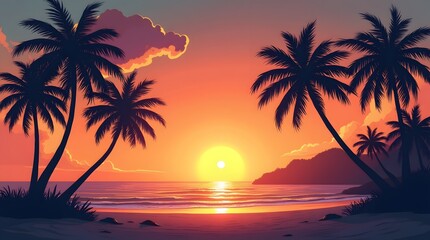 Silhouetted palm trees standing tall on a serene tropical beach at sunset with modern vintage color palette
