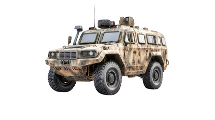 A military vehicle with a camouflage pattern is parked on a white background