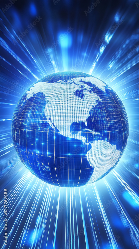 Aufkleber Earth globe rotating and radiating digital information through binary code, representing global communication and technology